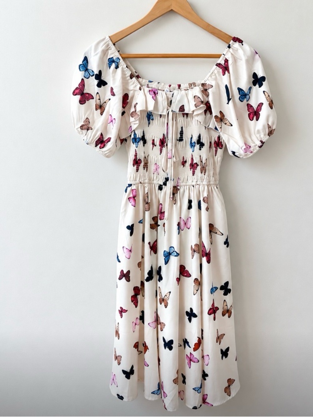 Ivy City Co Mariposa Butterfly Colorful White Smocked Tiered Ruffle Midi, XS